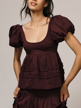 Puff Sleeve Ruffle Peplum Top in Deep Burgundy